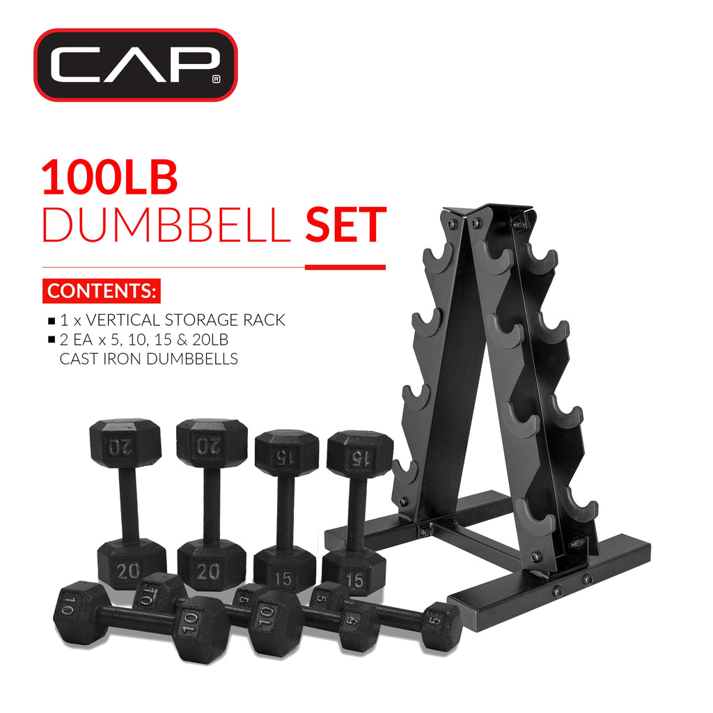 Barbell 100 Lb Cast Iron Hex Dumbbell Weight Set with Rack, Black