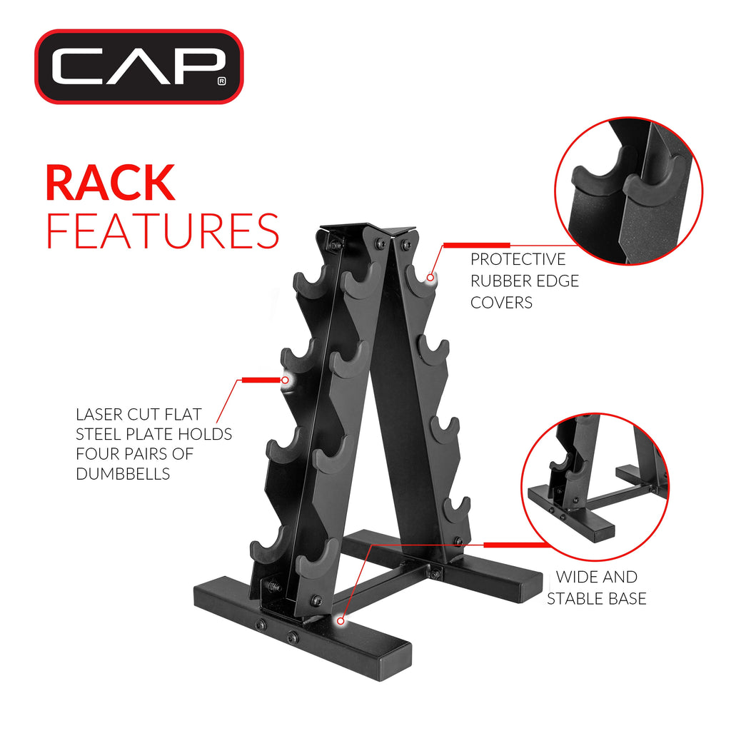 Barbell 100 Lb Cast Iron Hex Dumbbell Weight Set with Rack, Black