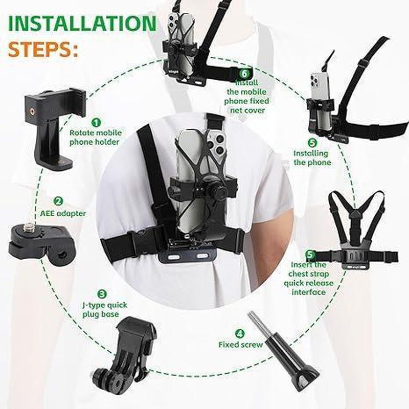 Chest Phone Mount for Hands-Free Filming Adjustable and Comfortable Smartphone Harness for POV Video Recording Sports Fitness Outdoor Adventures Universal Compatibility for Action Shots & Live Streaming Multifunctional Selfie Stick - Cellphone