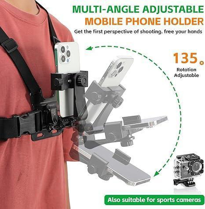 Chest Phone Mount for Hands-Free Filming Adjustable and Comfortable Smartphone Harness for POV Video Recording Sports Fitness Outdoor Adventures Universal Compatibility for Action Shots & Live Streaming Multifunctional Selfie Stick - Cellphone